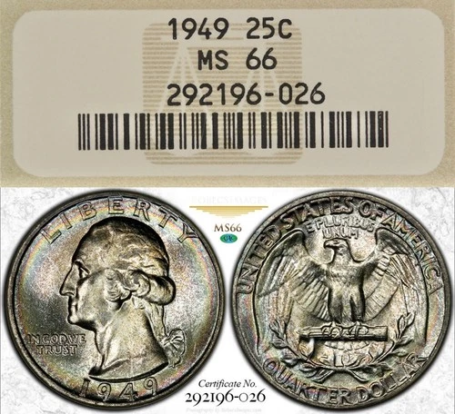 MS66 CAC 1949 Washington Silver Quarter, NGC Old Fatty Holder- Rainbow Toned
