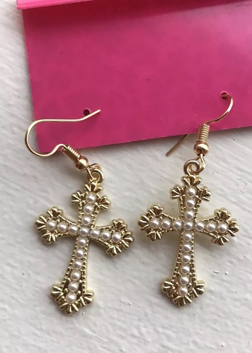 Betsey Johnson Yellow Enamel RARE Pearl Crucifix Cross Dangle Earrings NWT - Picture 6 of 6
