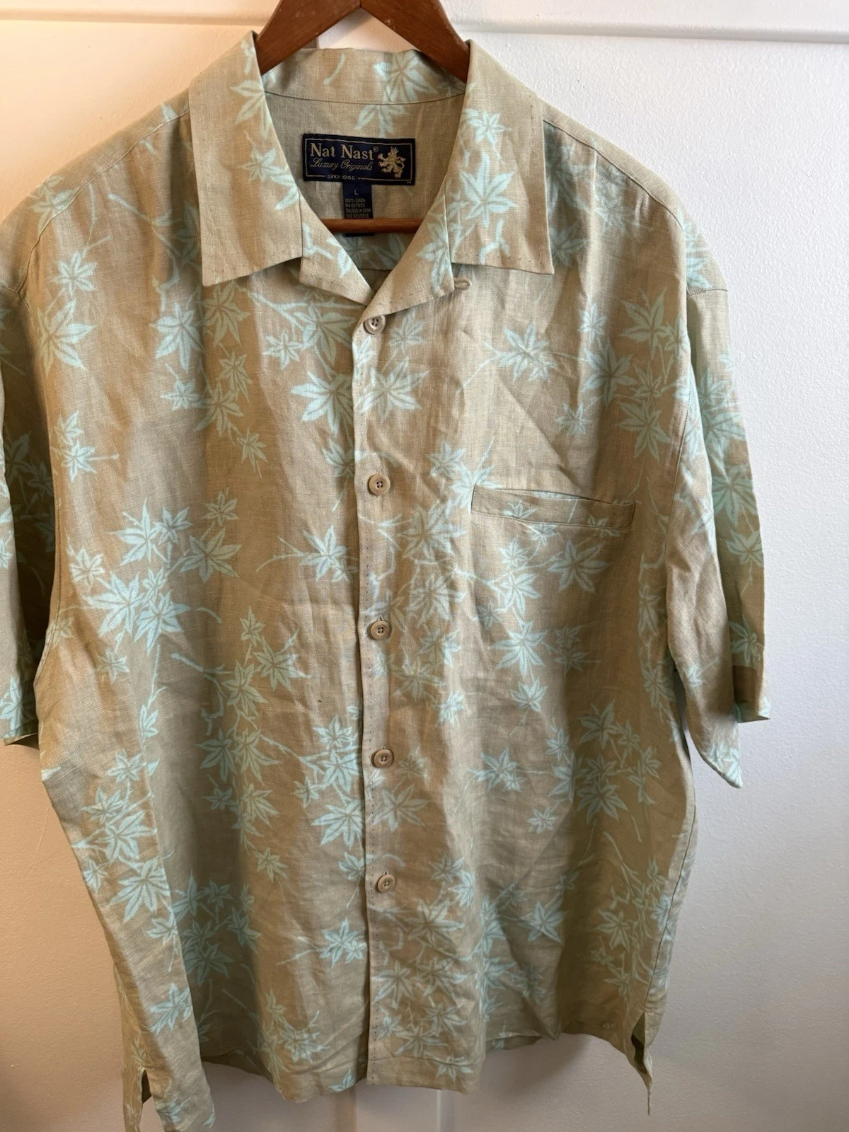 100% Linen Nat Nast Hawaiian Shirt Size L Short Sleeve