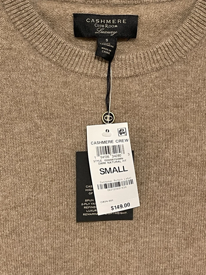 Suéter de lujo de cachemir cuello redondo color natural oscuro talla pequeña para hombre Club Room  Foto 2 de 4