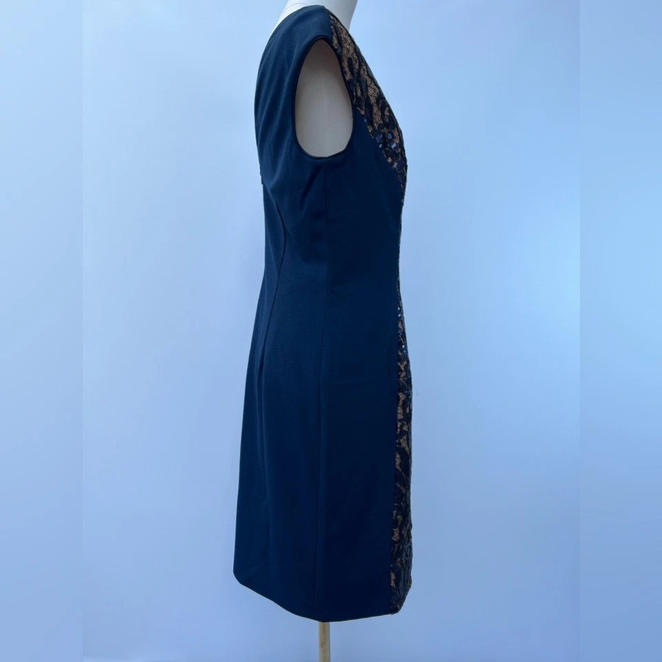 Vestido Vaina JS Collections Azul Marino Dorado Floral Encaje Sin Mangas Cóctel Talla 10 Foto 2 de 4