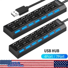 USB Hub 7 Port On/Off Switch High Speed Splitter AC Adapter Cable PC Laptop Lot