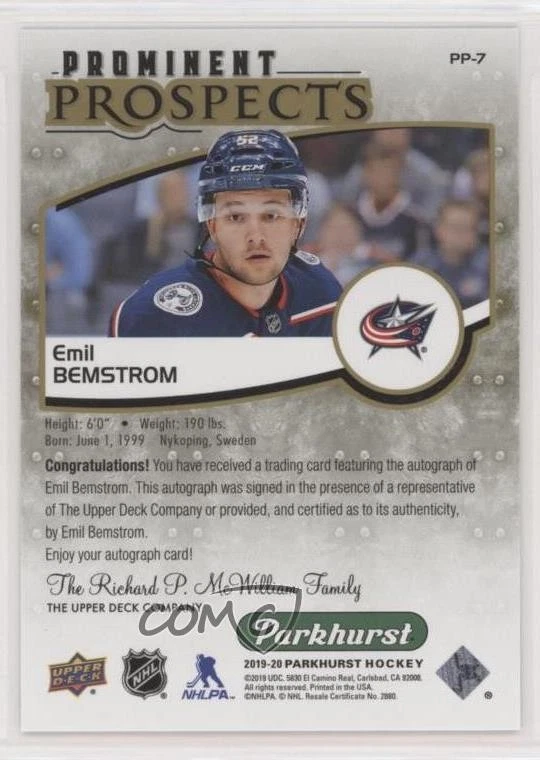 2019 Upper Deck Parkhurst Prominent Prospects Gold Emil Bemstrom Rookie Auto RC - Image 2 of 2