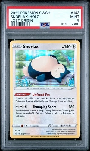 2022 POKEMON SWORD & SHIELD LOST ORIGIN #143 SNORLAX-HOLO PSA 9