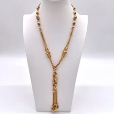 Sarah Coventry Gold Tone Beaded Lariat Necklace Y Drop Tassel Statement