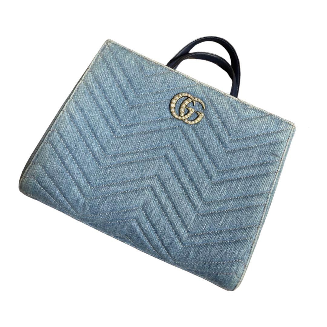 GUCCI GG Marmont Light Blue Denim Leather Pearls Shoulder Tote Bag 2 Way Pre-Owned