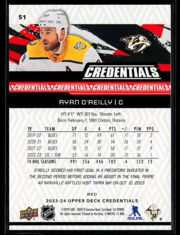 2023-24 Upper Deck Credentials Red #51 Ryan O'Reilly 294/349 - Image 2 of 2