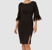 Adrianna Papell Womens Black Faux-Feather-Trim Glitter-Knit Dess Size 4