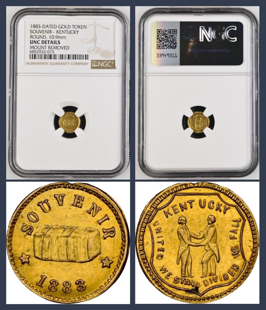 UNIQUE R.8+ / 1883 KENTUCKY / CALIFORNIA GOLD TOKEN / NGC UNC / UNITED WE STAND