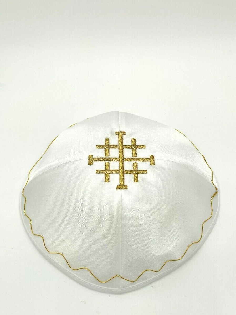 New White Satin Jewish Kippah Yarmulke Yarmulka Cross  display picture 2