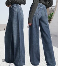 AnotherChill Women's Sweatpant Jeans Print Denim High Waisted Wide-Leg Baggy