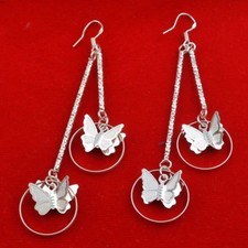 STUNNING SILVER PLATED DOUBLE BUTTERFLY DROP EARRINGS - 3-1/4 INCHES LONG