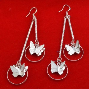 STUNNING-SILVER-PLATED-DOUBLE-BUTTERFLY-DROP-EARRINGS-3-1-4-INCHES-LONG