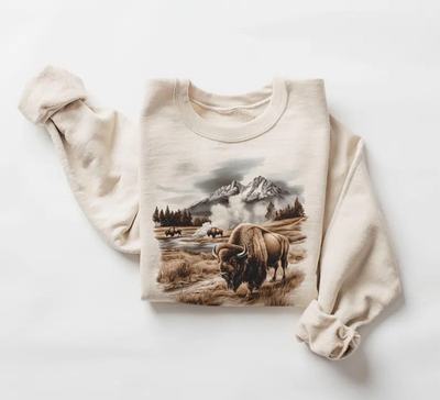 #ad Retro Bison Geyser Basin Sweatshirt Vintage Wildlife Yellowstone Park $24.95