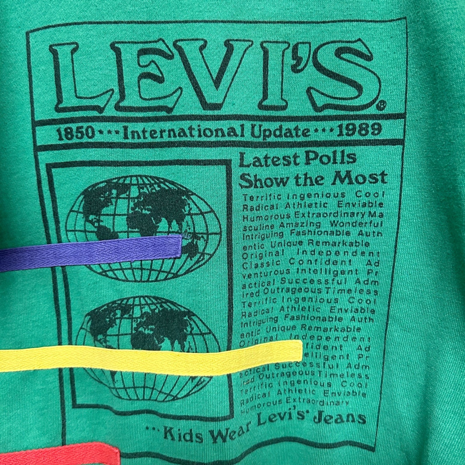 VTG 1989 Little Levi's Kids Green Graphic Sweatshirt International Update Retro thumbnail 2