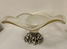 Schöne Vintage Obstschale aus Glas mit Silberfuß Waldlaub Design