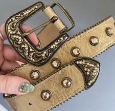 Vtg LEATHEROCK Gold Swarovski Crystal Embellished Leather Belt 5471 size L37 EUC