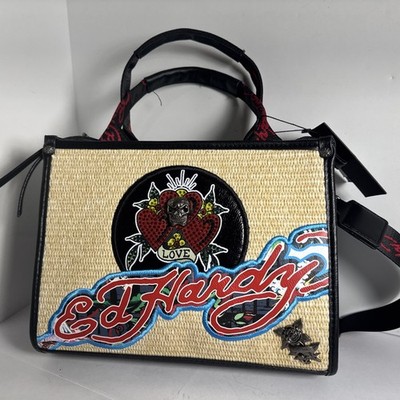 Ed Hardy Woven Front Tote Bag Rhinestone Love Hearts Y2K Back NWT