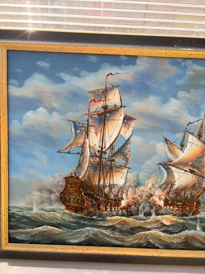 Tableau Peinture Huile Toile Marine Galion Bateau Bataille Navale Signé Encadré - Photo 4/4
