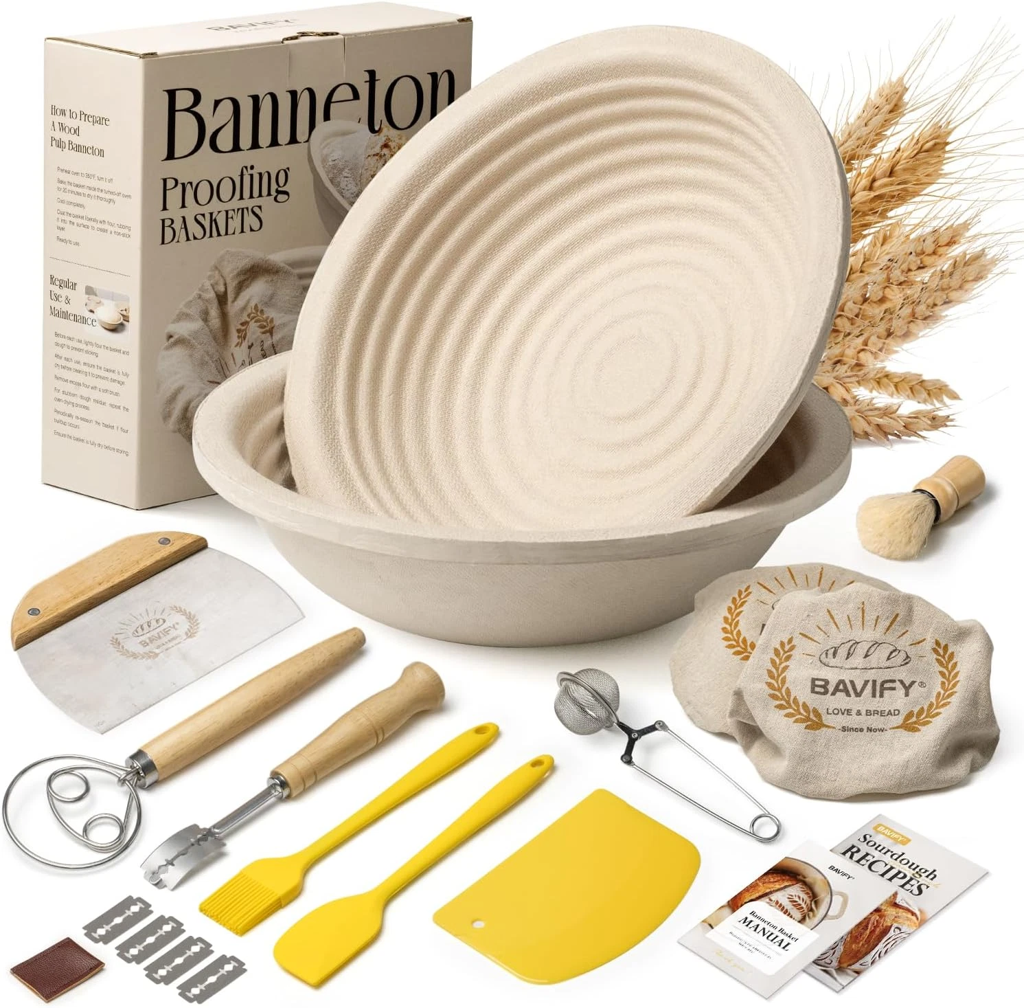Wood Pulp Banneton Bread Proofing Baskets Set, 9" round 1KG Sourdough Proofing B