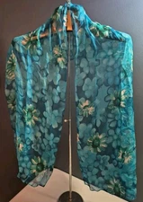 Vintage Cejon Silk Scarf Rectangle Blue Floral Lightweight-56"×13"-Made In USA