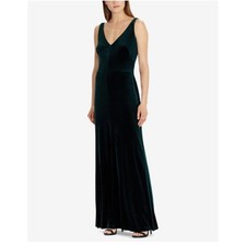 Lauren Ralph Lauren Green Velvet Maxi Dress V-Neck Sleeveless Evening Gown 8