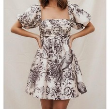 $198 NWT BHLDN Nina Puff-Sleeve Square-Neck Taffeta Mini Dress, Ivory Combo, XL