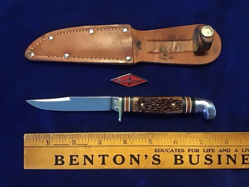 VINTAGE WESTERN CUTLERY #648B U.S.A. FIXED BLADE HUNTING KNIFE & LEATHER SHEATH!