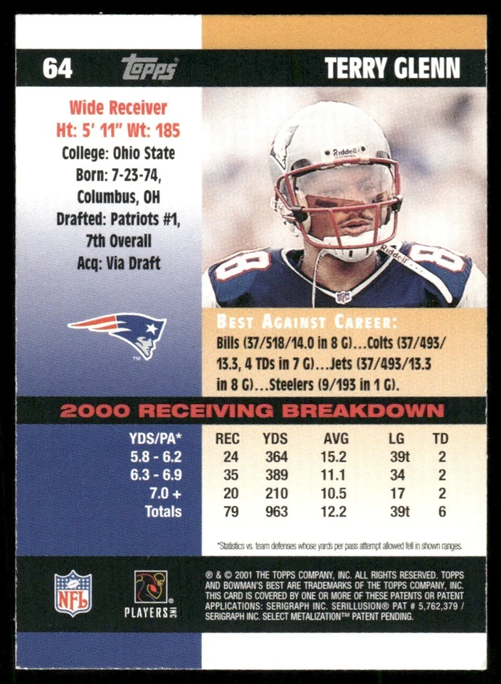 2001 Bowman's Best Terry Glenn New England Patriots #64 - Image 2 of 2
