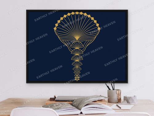 Midnight Blue and Gold Geometric Fan Column Framed Wall Art Poster Print Picture