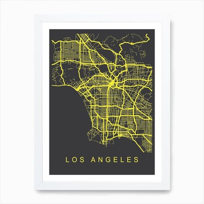 Los Angeles Karte Neon Kunstdruck gerahmt Wandbild Poster Leinwanddruck Bild
