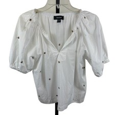 Karen Kane Women's Size Small White Bee Embroidered Blouse Puff Sleeve Top