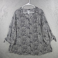 Catherines Womens 2X Leopard Print Button Down Blouse 3/4 Tie Sleeve Black White
