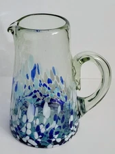 Hand Blown Glass Pitcher Jug Blue & White Confetti  9.5" Mexico Heavy 4+ lbs.