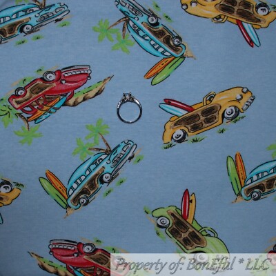 BonEful FABRIC Cotton Jersey SCRAP 38'' X 17'' VTG Blue Red Old Antique Sports Car