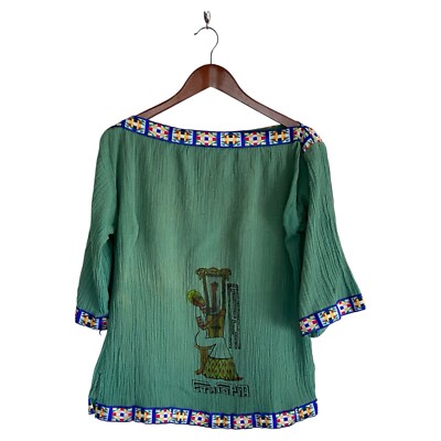 Green Embroidered Tunic Top Blouse Women's Small Boho Hippie Carefree Vibe