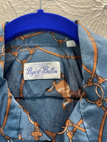Vintage Byron Britton Casual Shirt Button Up Blue Horses Men's Size Medium FLAW - Picture 5 of 9
