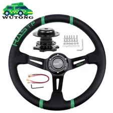 JDM 345mm Deep Dish Leather Alloy Steering Wheel Quick Release Adapter with Horn