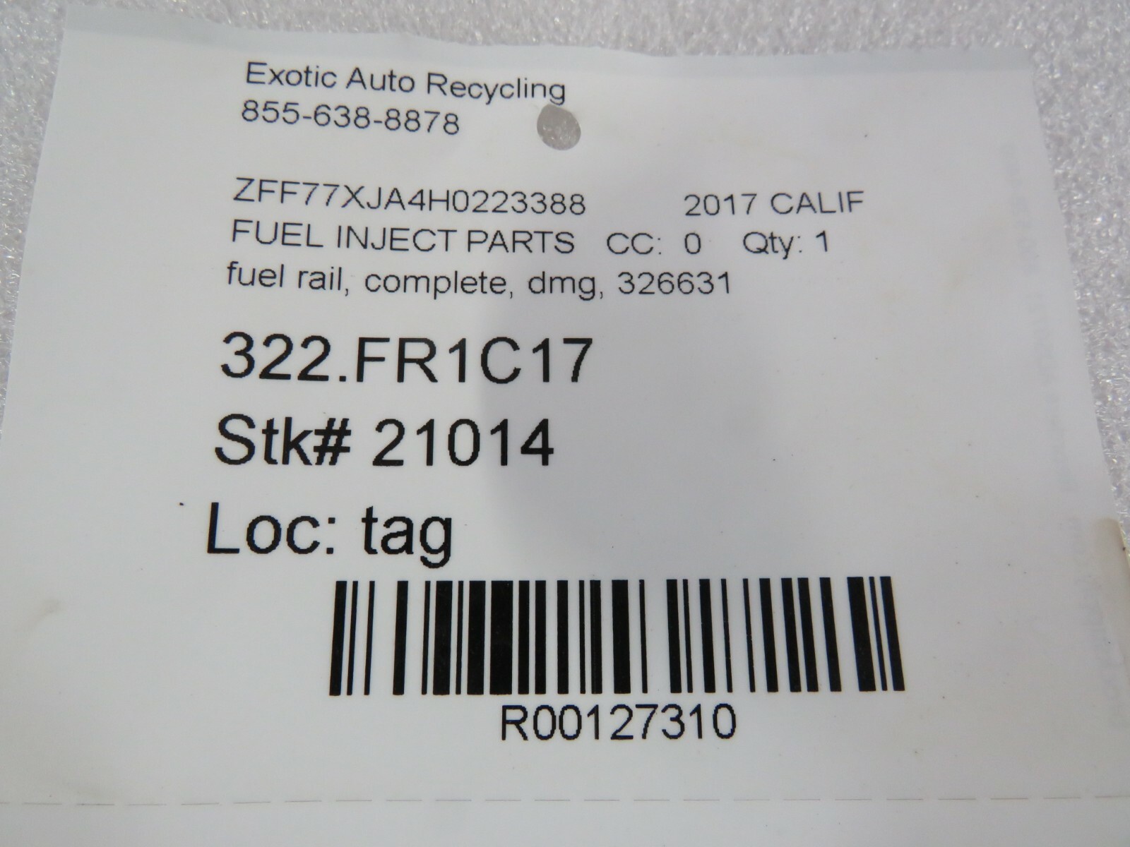 Ferrari California T, 488, Fuel Injector Rail, Complete, Dmg, Used, P/N 326631