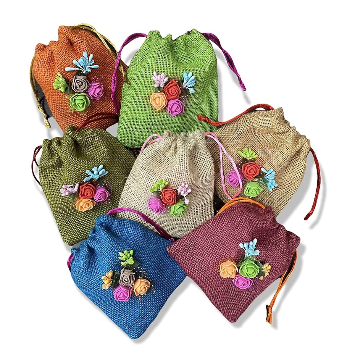 Jute Potli Bag With Multicolour Flower Gift Bags Unisex Colored