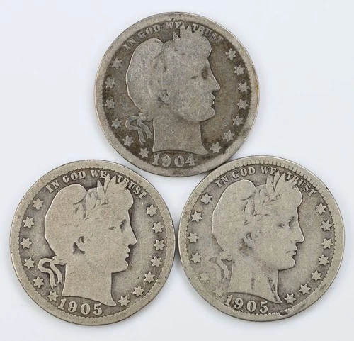 1904-O 1905 1905-O Barber Quarters Silver 25c Lot of 3