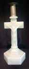 VTG Pressed Milk Glass, Crucifix Candlestick Holder W/Metal Top, 6 Sided Base