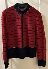 Beautiful Ming Wang Full Zip Knit Jacket/Cardigan Red & Black Studded - Size Med