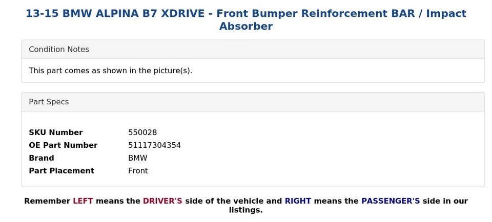 13-15 BMW ALPINA B7 XDRIVE - Front Bumper Reinforcement BAR / Impact Absorber - Image 4 of 4