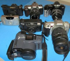 FILM Cameras Lot of 7 Canon, Nikon, Minolta Olymp UNTESTED AS IS PARTSNO RETURNS