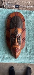 Hand Carved Wooden African Style Decorative Mask Wall Art, Brown Black Red