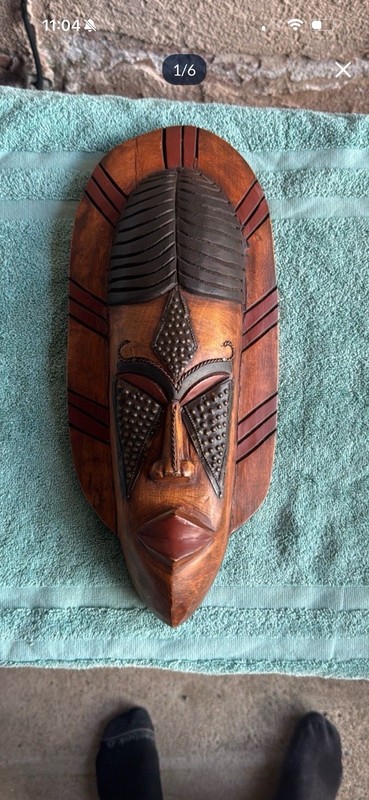Hand Carved Wooden African Style Decorative Mask Wall Art, Brown Black Red