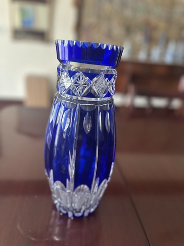 Val St. Lambert Cobalt Blue Cut To Clear Crystal Vase - Hand Cut Belgian Art - Picture 7 of 11
