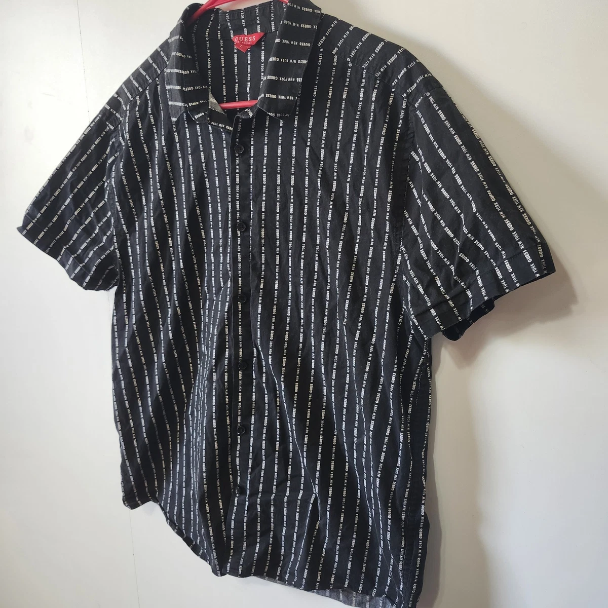 Camisa Guess Negra a Rayas Logo Para Hombre Grande Manga Corta Abotonada Preppy