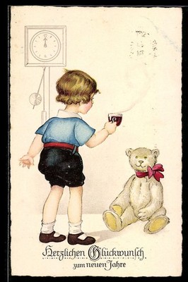 Postcard Child With A Tea Cup Standing By Teddy Bear 